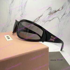 MIU MIU Sunglasses Black Wrap Gold Logo Gray Lens Authentic New